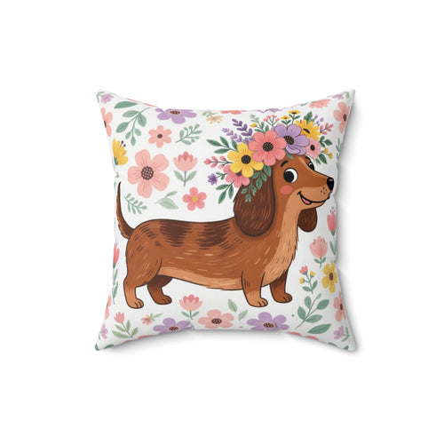 Dachshund Floral Pillow — Cute Wiener Dog Throw Pillow with Flower Crown